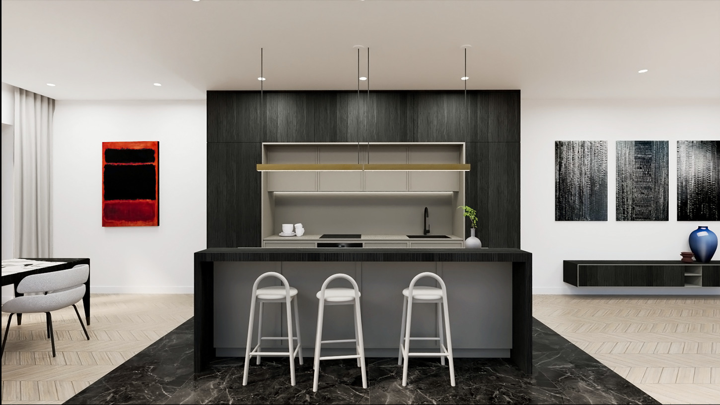 Nowoczesna kuchnia z wyspą, trzema białymi hokerami, czarnymi frontami szafek z widoczną strukturą drewna, podwieszanym oświetleniem nad wyspą i parkietem ułożonym we wzór jodełki francuskiej