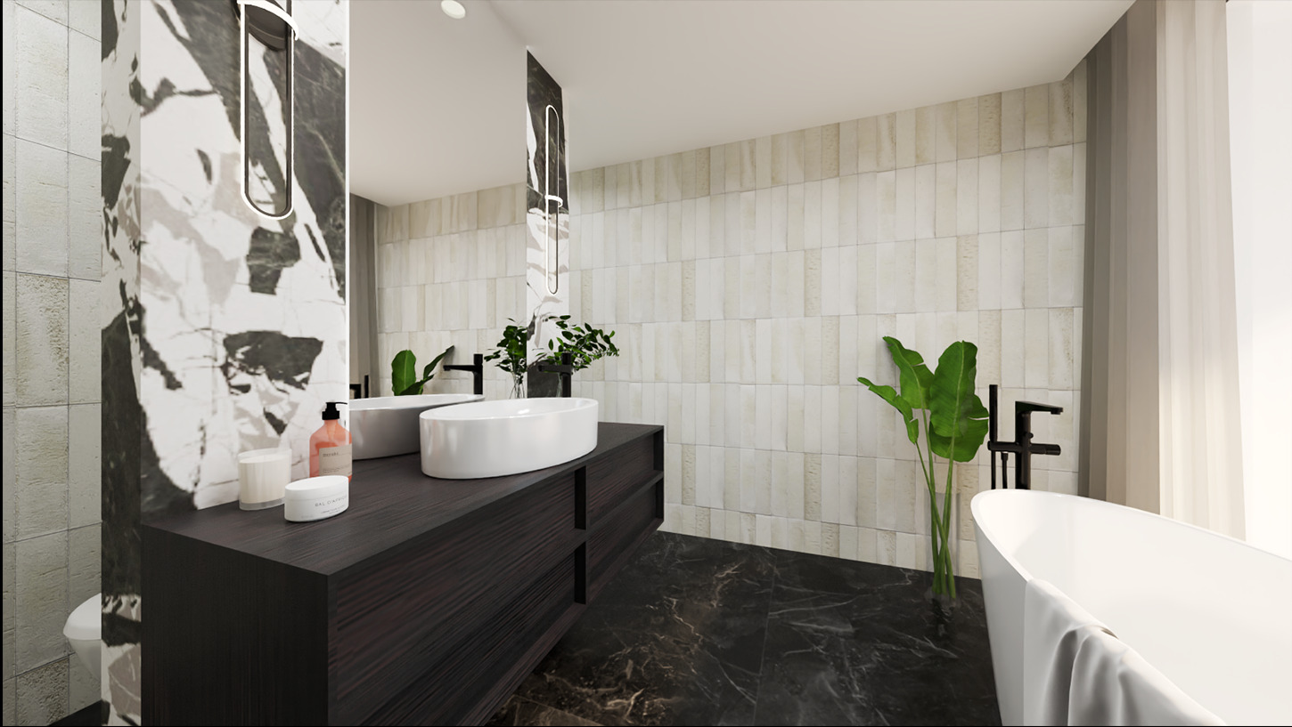 Nowoczesna łazienka z marmurową kolumną i blatem z ciemnego drewna, owalna umywalka nablatowa, czarna armatura i rośliny doniczkowe.