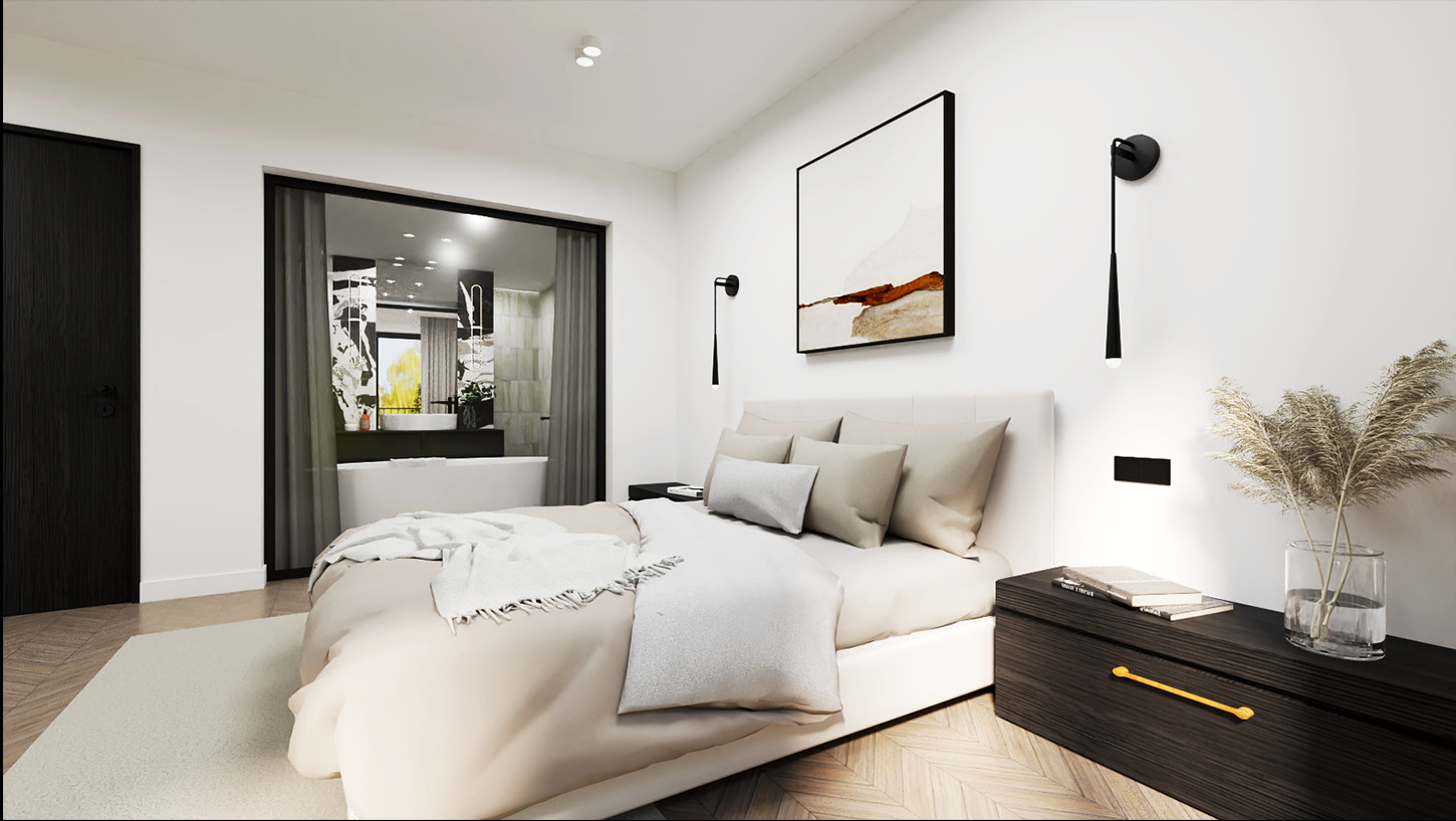 Nowoczesna sypialnia z widokiem na łazienkę przez przesuwne szklane drzwi, beżowa pościel, czarna szafka nocna z złotym uchwytem, abstrakcyjny obraz nad łóżkiem i minimalistyczne lampy ścienne.