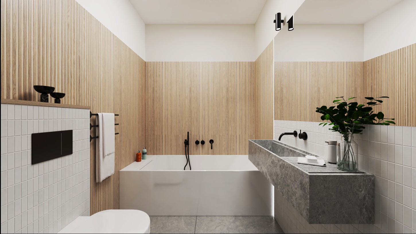 Nowoczesna łazienka z drewnianymi panelami ściennymi, białą wanną i umywalką z szarego kamienia, akcentowana czarną armaturą i minimalistycznym oświetleniem.