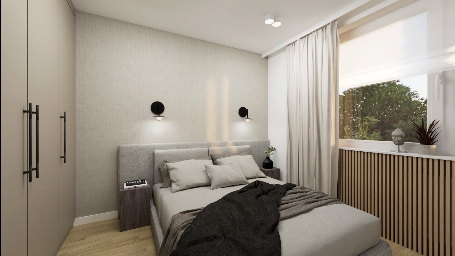 Nowoczesna sypialnia w stonowanych barwach z łóżkiem z szarym zagłówkiem, ciemną narzutą i minimalistycznymi lampkami nocnymi, a także z wysoką szafą z czarnymi uchwytami.