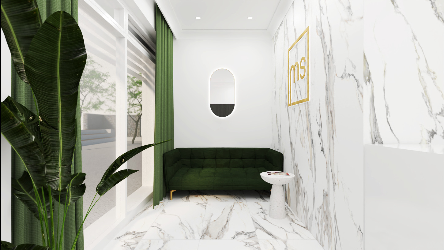 Wizualizacja poczekalni z zieloną sofą, marmurową ścianą i owalnym lustrem z podświetleniem LED.