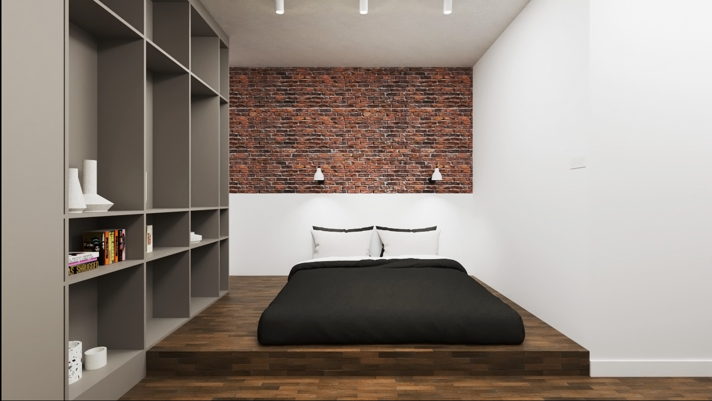 Minimalistyczna sypialnia z ceglaną ścianą, platformą z drewna i regałem z książkami, oświetlona punktowo.