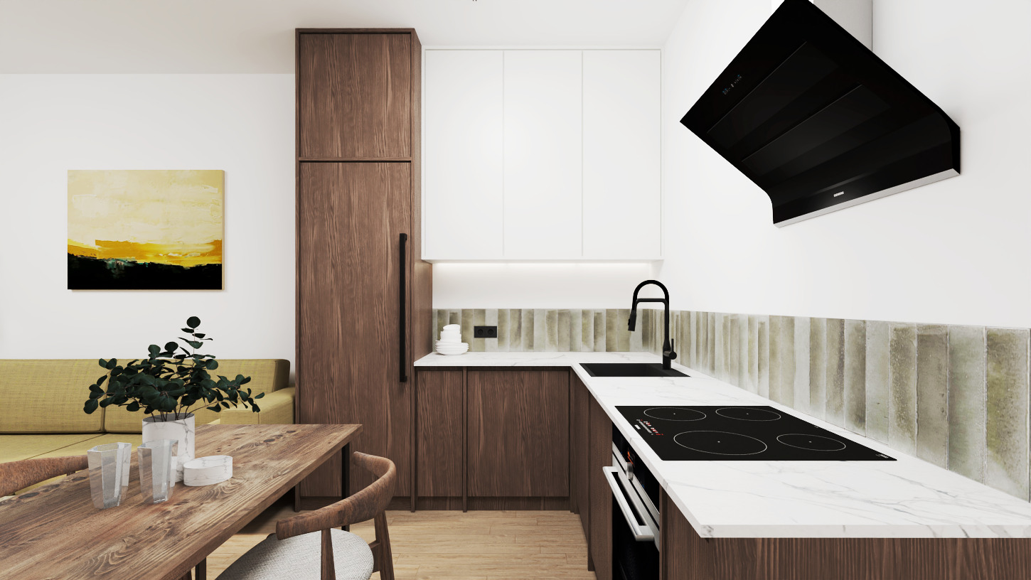 Wizualizacja nowoczesnej kuchni z drewnianymi i białymi szafkami, blatem z białego marmuru i czarną armaturą, widok na stół z drewnianym blatem i elementami dekoracyjnymi.