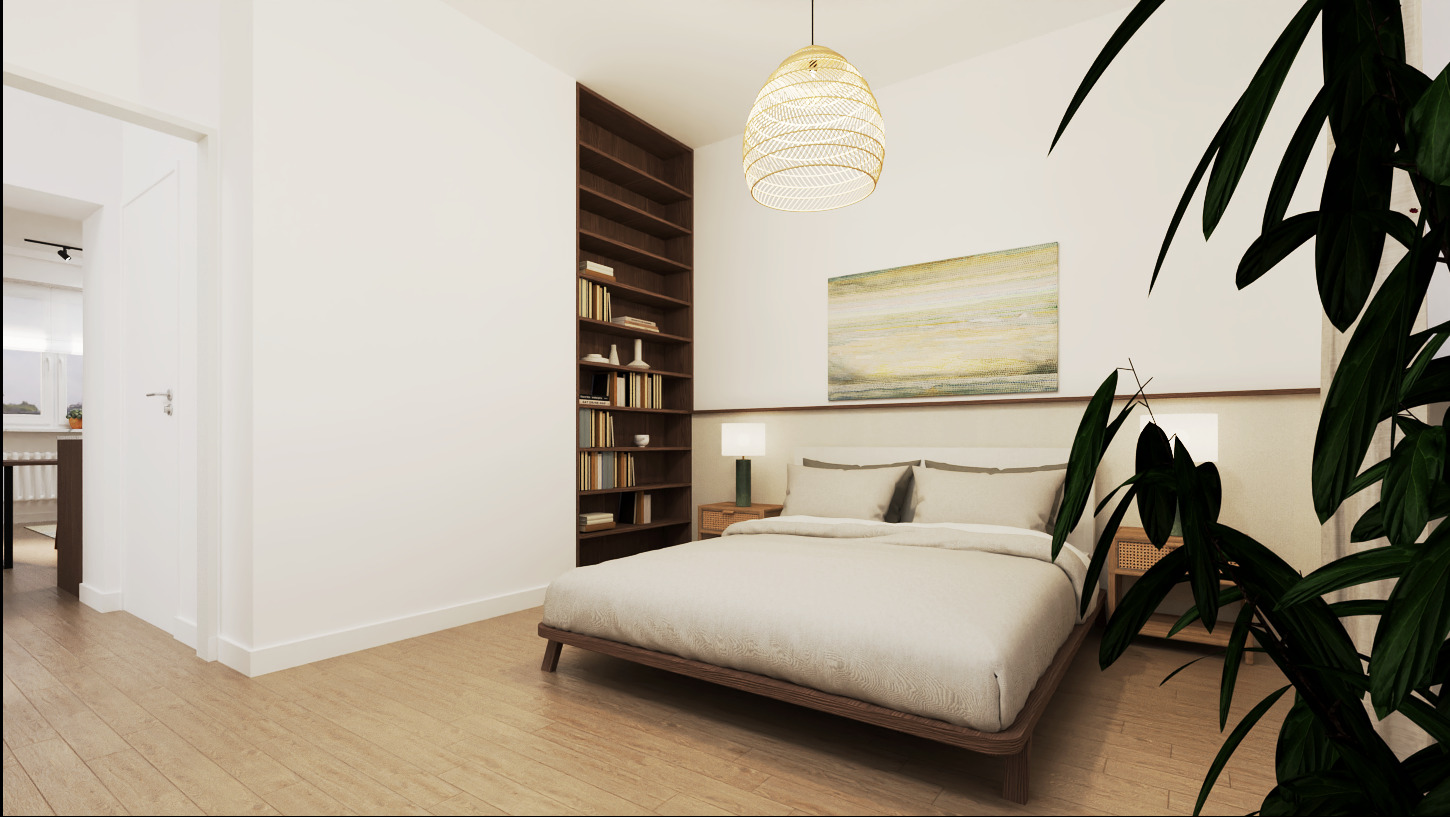Jasna sypialnia z drewnianą podłogą, łóżkiem z beżową pościelą, regałem z książkami i obrazem nad wezgłowiem, oświetlona lampą wiszącą z plecionki i lampkami nocnymi, z rośliną w doniczce w rogu.