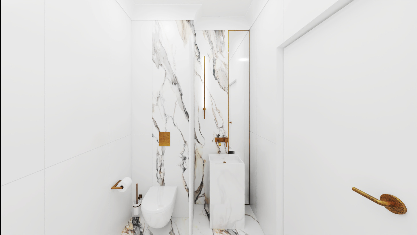 Minimalistyczna łazienka w bieli z akcentami złota: marmurowa ściana, wisząca toaleta, umywalka kolumnowa i złota armatura.