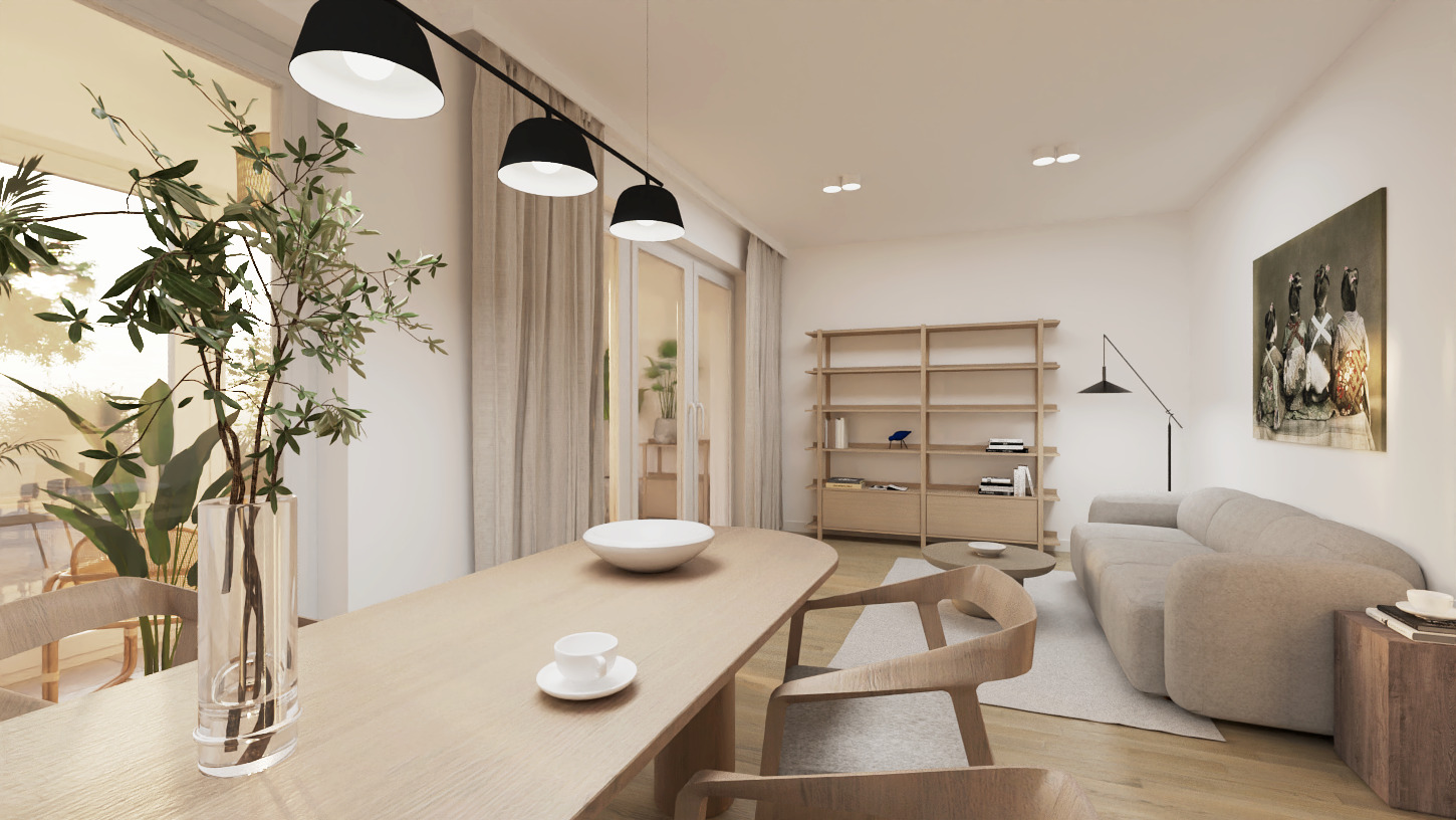 Jasne wnętrze mieszkania w stylu skandynawskim: drewniany stół z filiżanką i misą, przezroczysty wazon z zielonymi gałązkami, sofa, regał na książki, obraz na ścianie i lampa podłogowa.