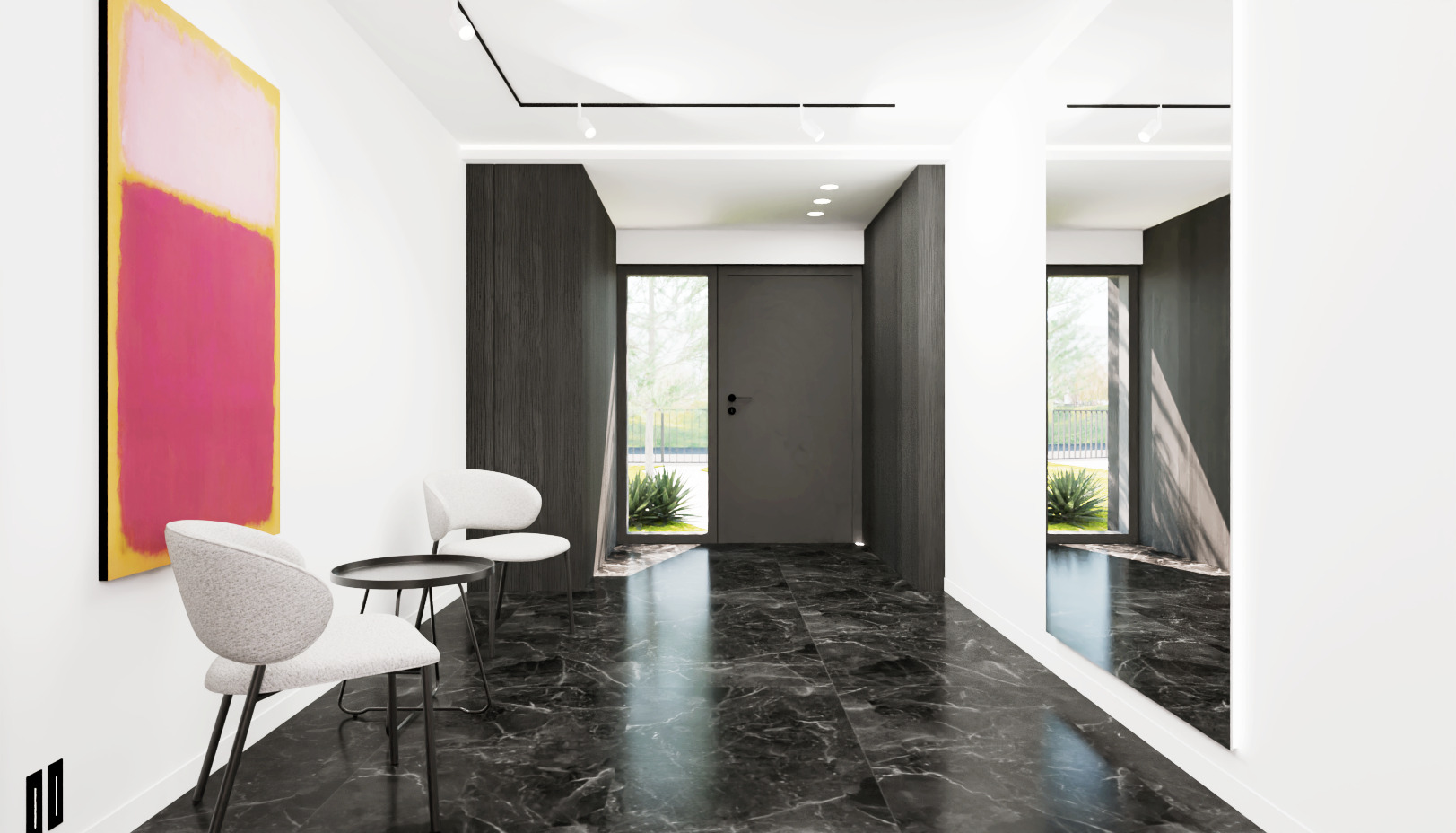 Nowoczesny przedpokój z czarną marmurową podłogą, białymi ścianami, abstrakcyjnym obrazem w odcieniach różu i dwoma białymi krzesłami z czarnym stolikiem kawowym. W głębi widoczne drzwi wejściowe...