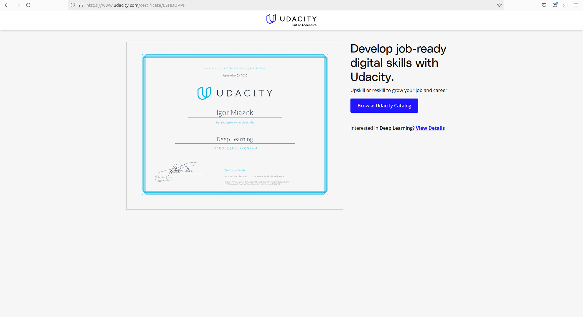 Certyfikat ukończenia kursu Deep Learning od Udacity dla Igora Miazek, potwierdzający zdobycie umiejętności cyfrowych.