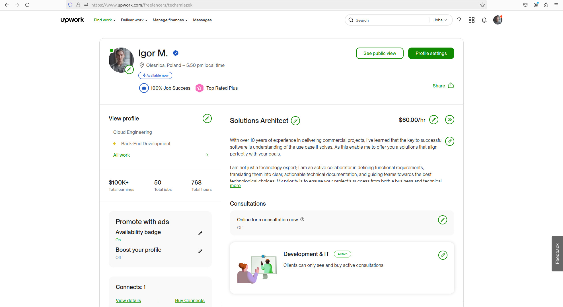 Zrzut ekranu profilu freelancera na platformie Upwork, prezentujący jego zdjęcie, dane osobowe, status dostępności, statystyki sukcesu zawodowego, opis doświadczenia jako Solutions Architect...