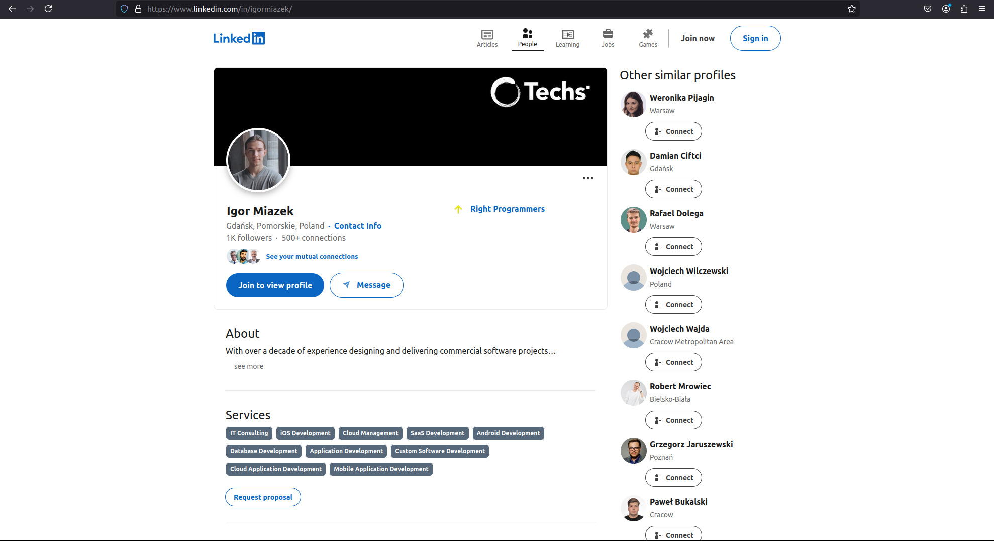 Profil zawodowy Igora Miazeka na LinkedIn, z widocznym zdjęciem profilowym, danymi kontaktowymi, informacjami o doświadczeniu, listą usług (IT Consulting, iOS Development, Cloud Management, SaaS...