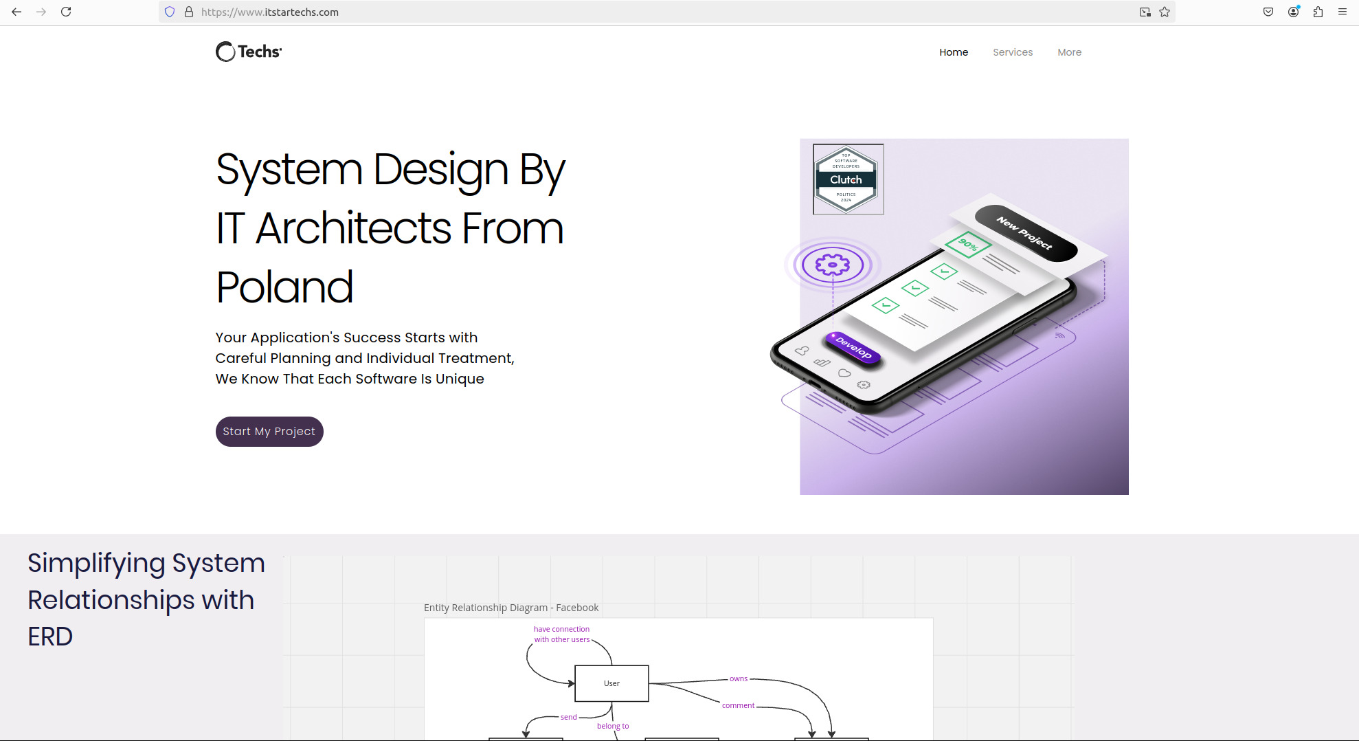 Ilustracja strony internetowej firmy IT Techs z nagłówkiem 'System Design By IT Architects From Poland', mockup smartfona z zaznaczonymi zadaniami i odznaczeniem Clutch dla Software Developers.