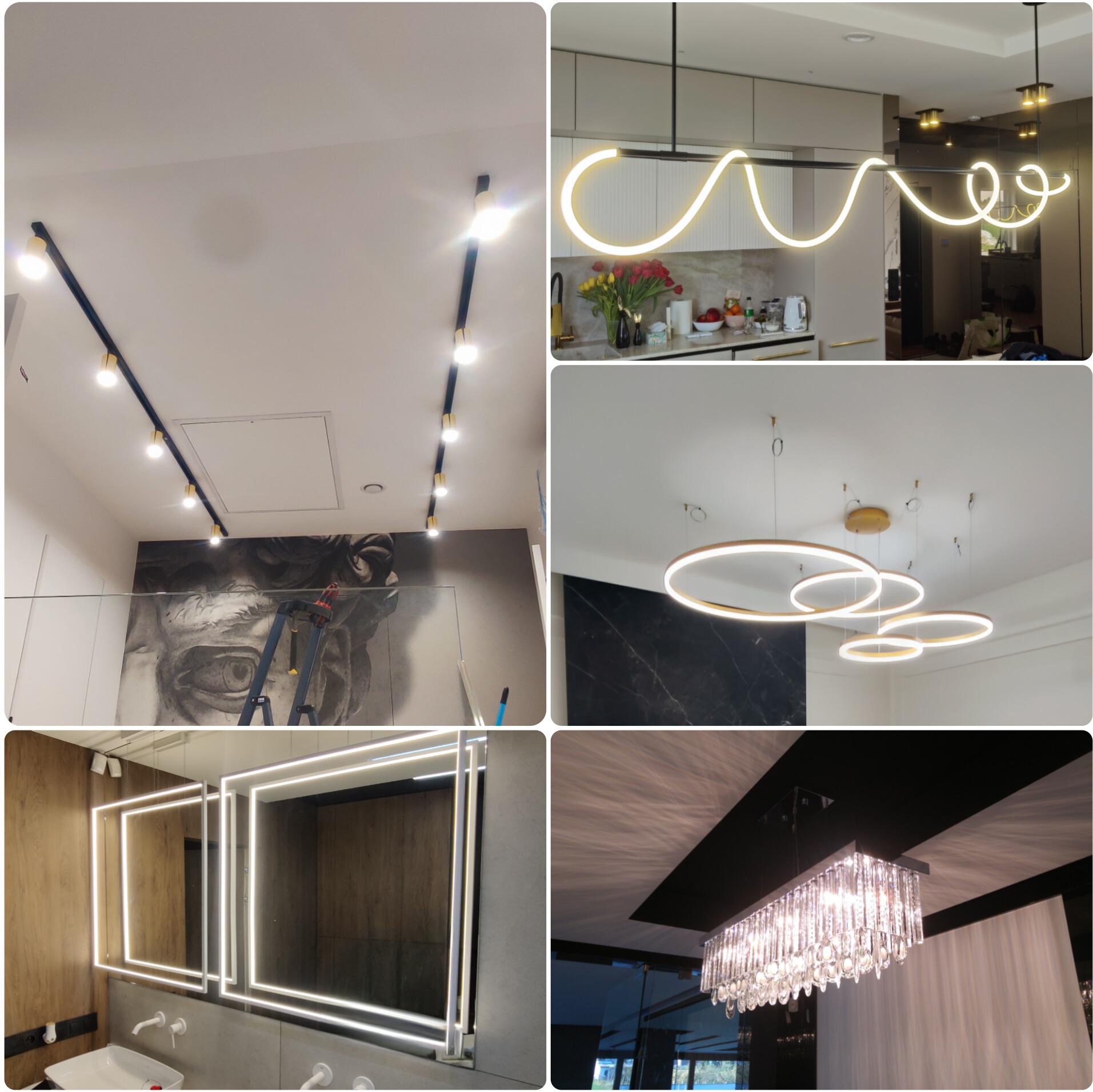 Kolaż przedstawiający różne typy nowoczesnego oświetlenia wnętrz: szynoprzewód z reflektorami, dekoracyjna lampa LED w kształcie fali, okrągłe lampy wiszące oraz kryształowy żyrandol.
