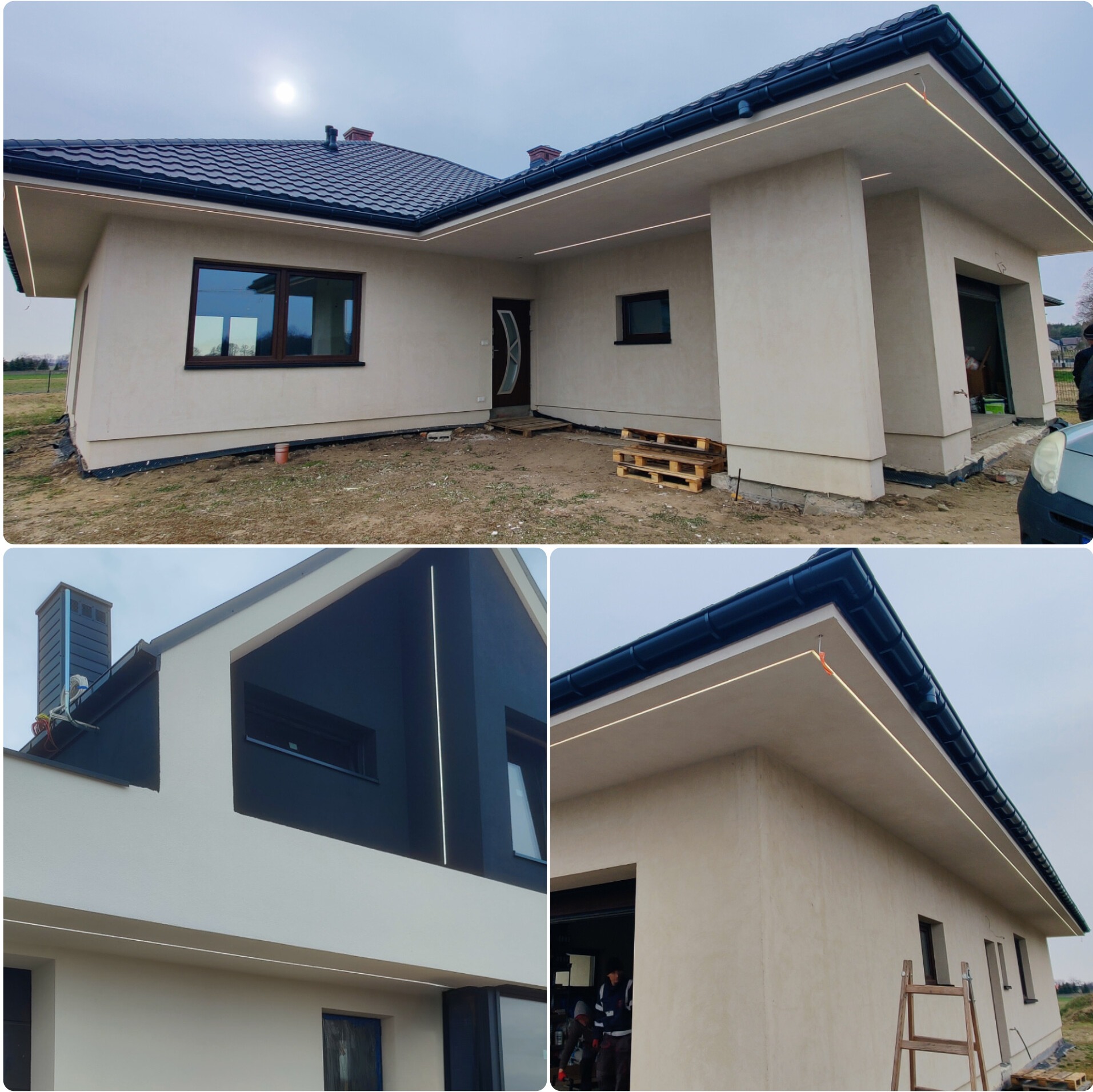 Nowoczesny dom jednorodzinny z zamontowanym oświetleniem LED na zewnątrz, widoczne detale elewacji i czarne orynnowanie, palety drewniane przed wejściem.