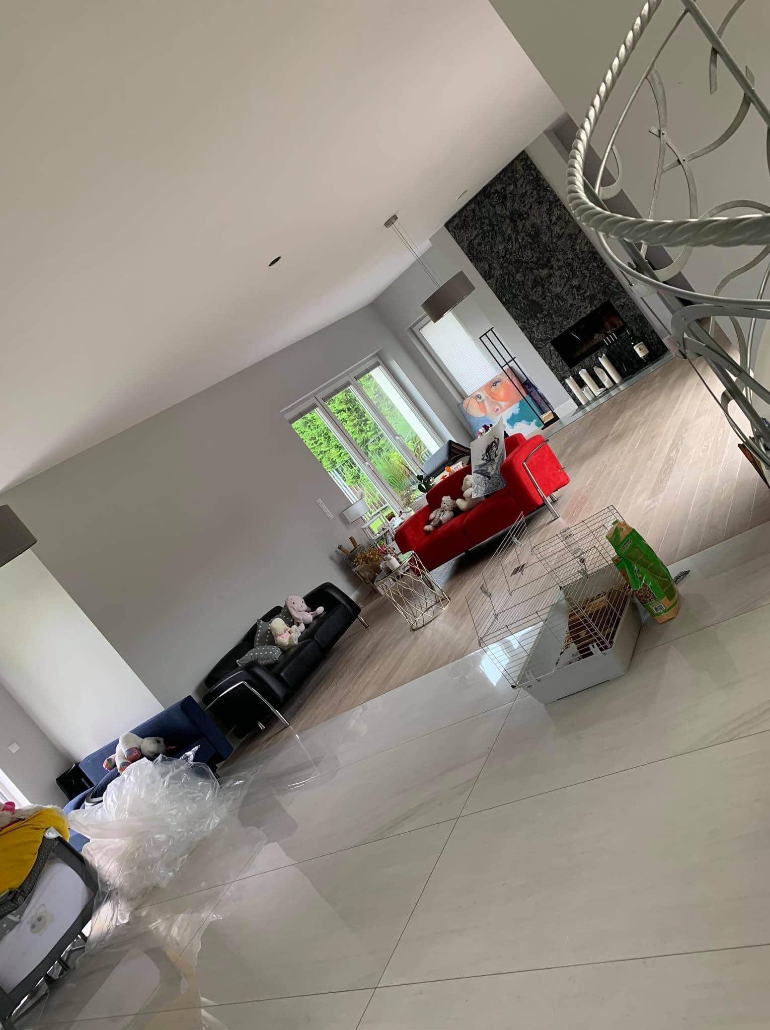 Jasne wnętrze domu po odświeżeniu, widoczne świeżo pomalowane ściany w odcieniach szarości, nowoczesne meble i błyszcząca podłoga. W tle dekoracyjny kominek z imitacją kamienia.