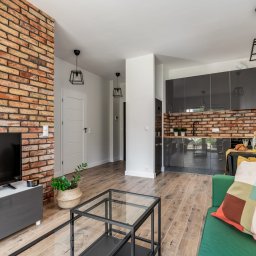 EcoProperty sp. z o.o. - Nowoczesne wnętrze mieszkania z ceglaną ścianą, szarą zabudową kuchenną i elementami dekoracyjnymi, takimi jak roślina w koszyku i geometryczna poduszka na zielonej sofie.
