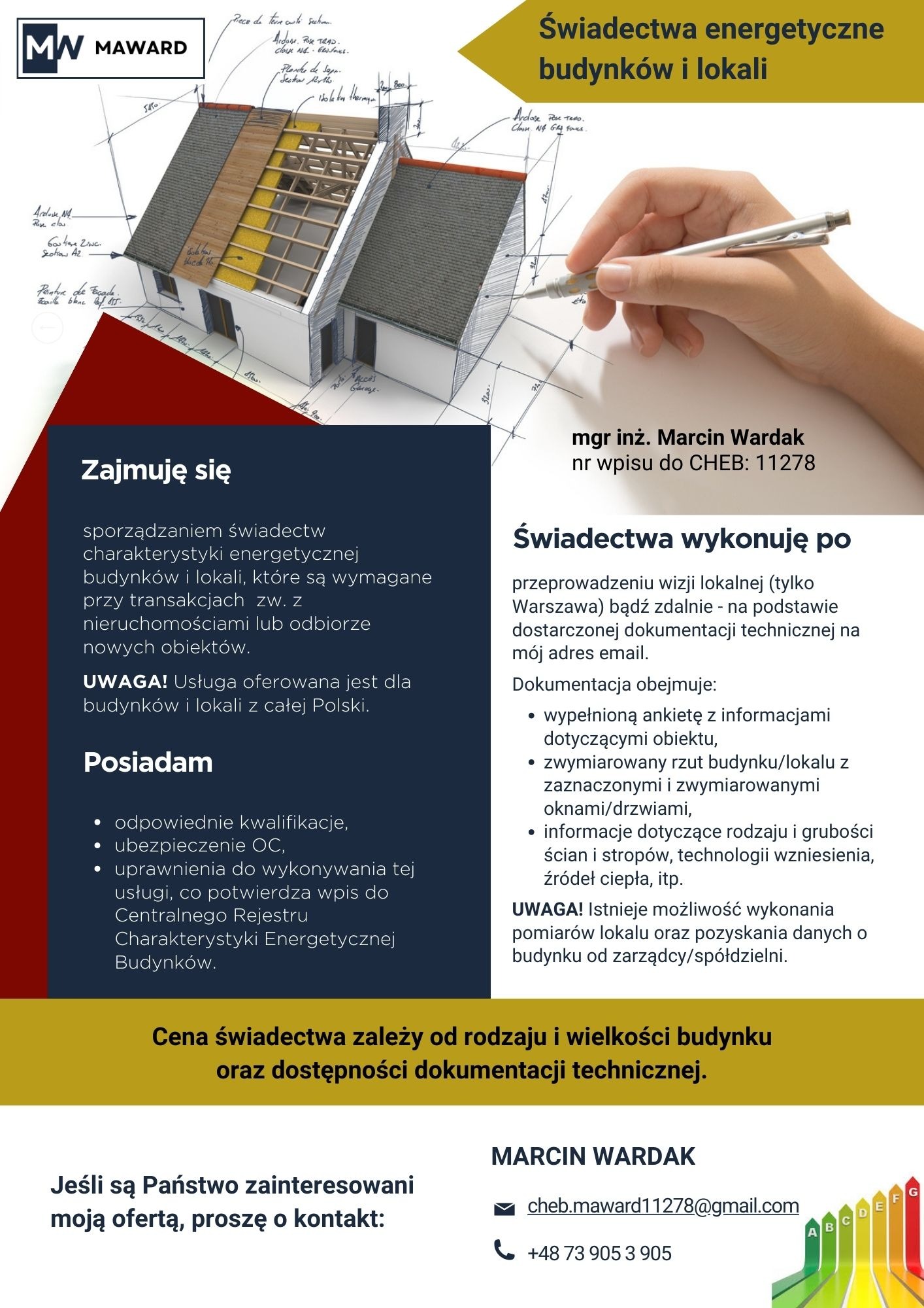 Reklama świadectw energetycznych: Szkic perspektywiczny domu w trakcie budowy z naniesionymi wymiarami, prezentowany przez osobę wskazującą ołówkiem na detale projektu.