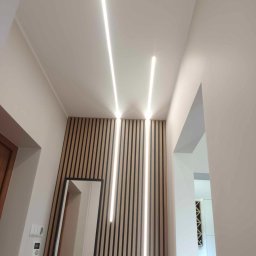 Mateusz Domański - Nowoczesny korytarz z drewnianą ścianą z pionowych listew, oświetleniem LED wpuszczonym w sufit i dużym lustrem stojącym.