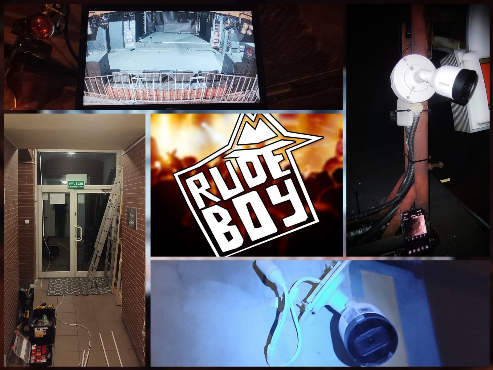Kompozycja zdjęć z modernizacji monitoringu wizyjnego w klubie: widok z kamery na scenę, kamera Dahua zamontowana na zewnątrz, wejście do klubu z drabiną i narzędziami, oraz logo klubu Rude Boy.