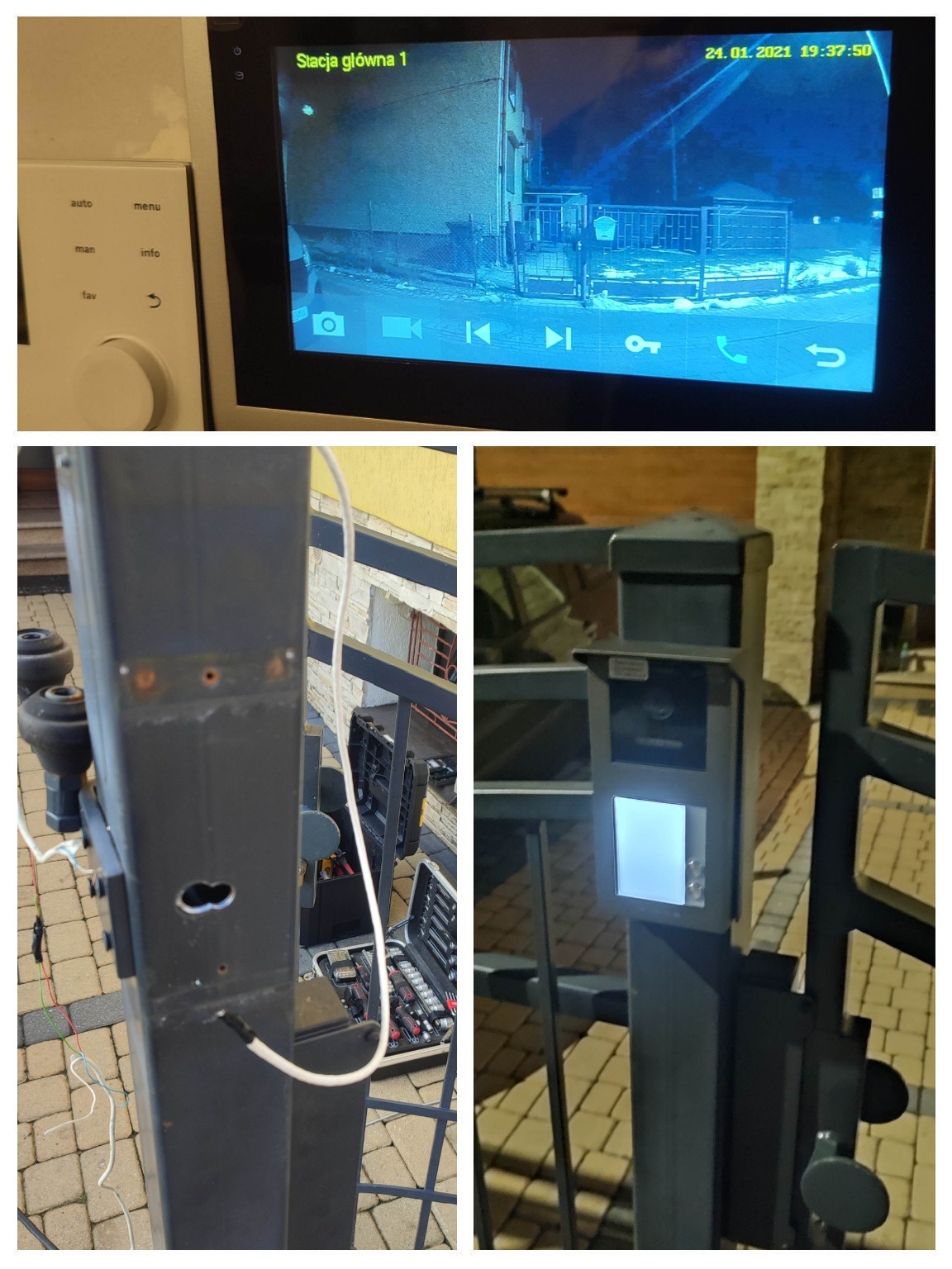 Instalacja wideodomofonu dwurodzinnego: ekran monitora z podglądem bramy w nocy, skrzynka narzędziowa obok słupka z okablowaniem, panel z przyciskiem na furtce.