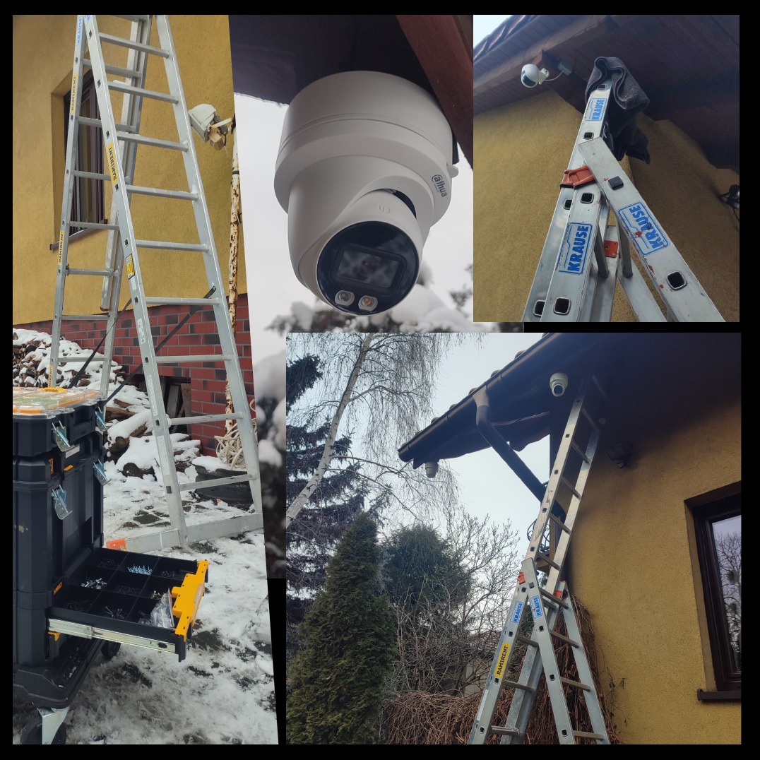 Montaż kamery IP Dahua 4K na zewnątrz budynku w zimowych warunkach, widoczna drabina Krause, skrzynka narzędziowa DeWalt, śnieg na dachu i ziemi.