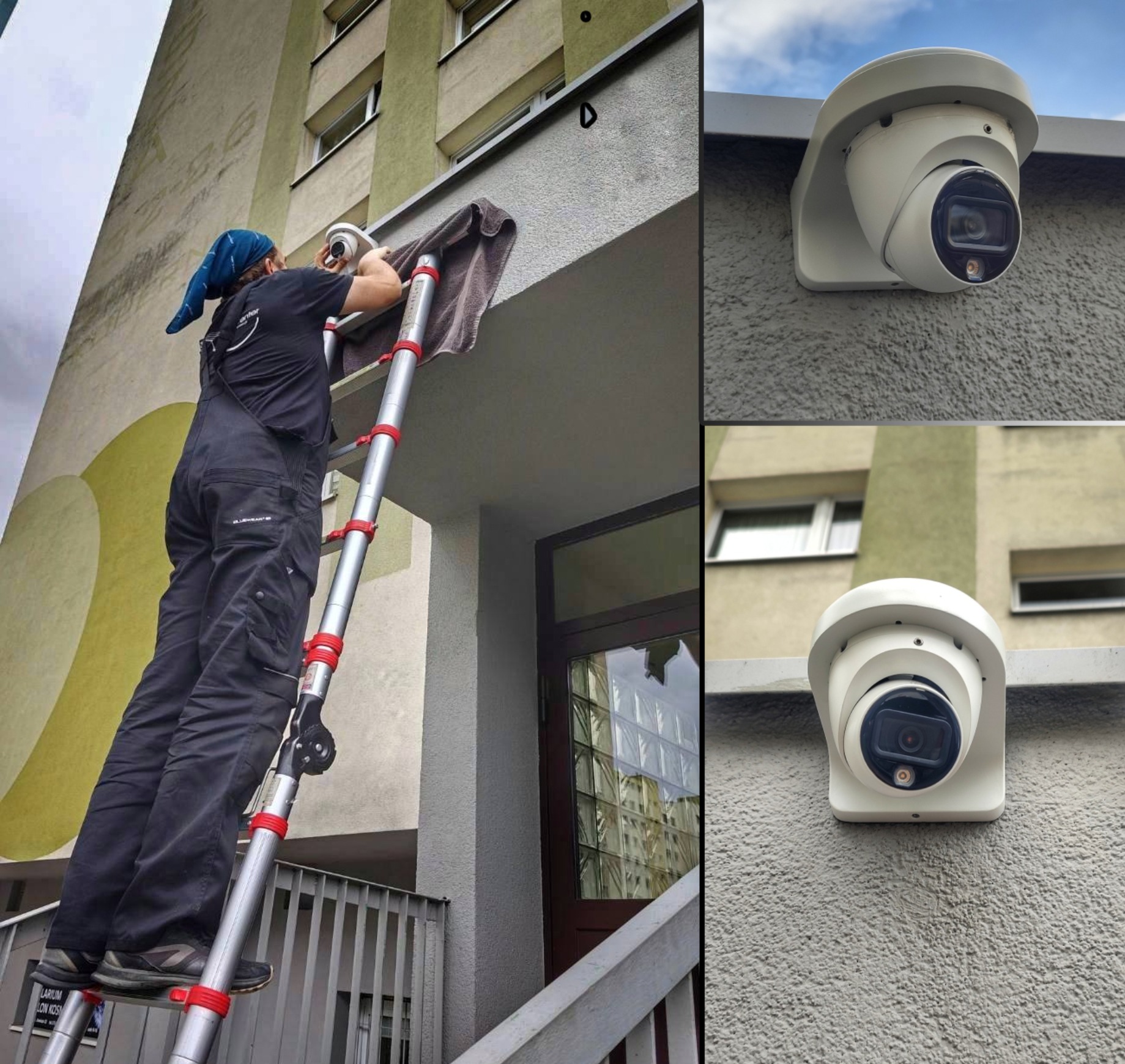 Pracownik na drabinie montuje kamerę kopułkową Dahua na elewacji budynku. Widok z dołu, zbliżenie na zamontowaną kamerę na teksturowanej ścianie.