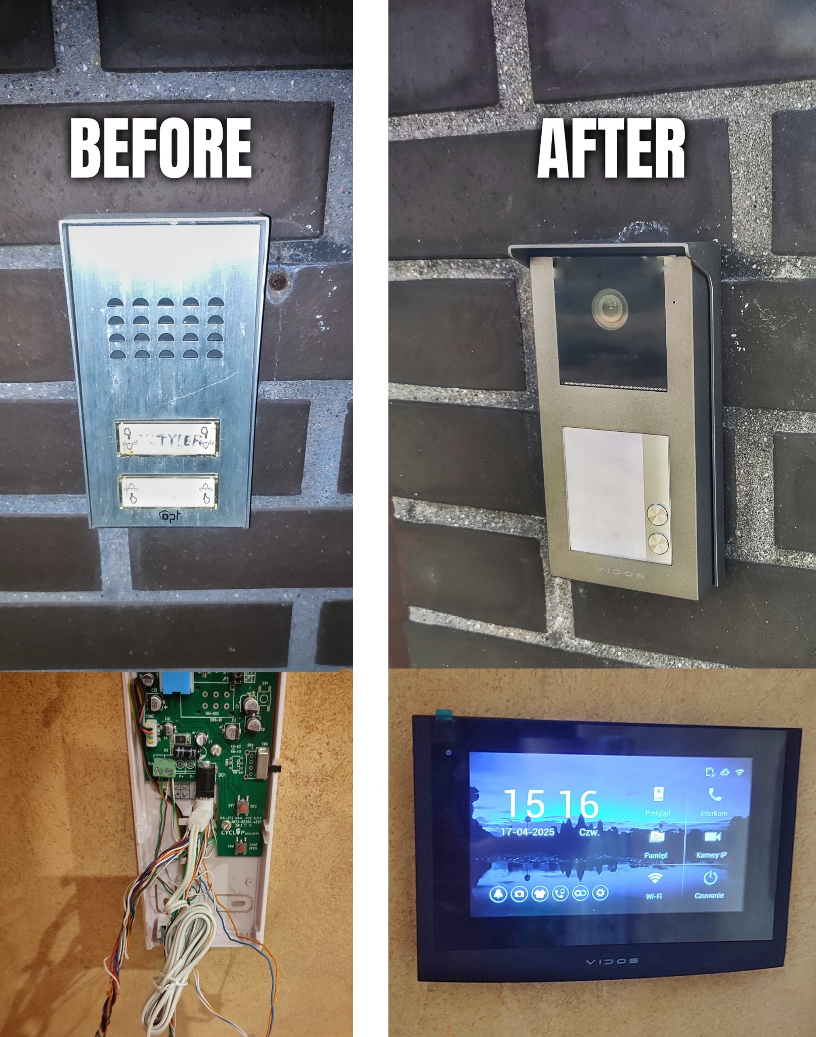 Montaż wideodomofonu Vidos: porównanie starego domofonu z nowym modelem z ekranem dotykowym. Widoczny etap wymiany i panel sterowania.