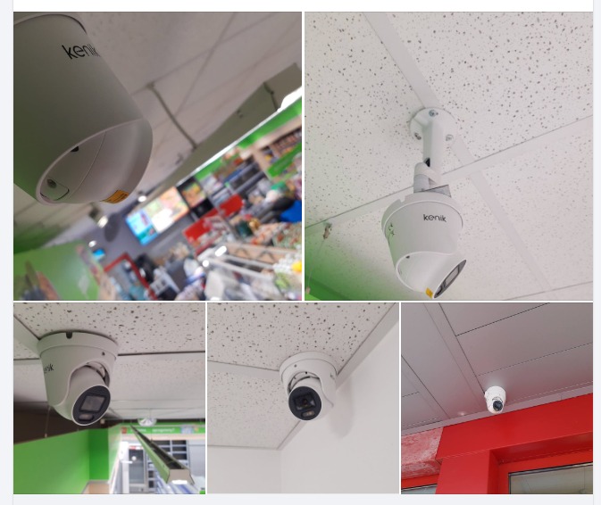 Montaż kamer IP Kenik w lokalu Żabka: widok na suficie zamontowanych, białych kamer kopułkowych i obrotowych, z widocznym wnętrzem sklepu w tle.