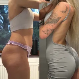 Porównanie sylwetki kobiety przed i po: po lewej stronie widoczna sylwetka przed, po prawej po, z widoczną różnicą w kształcie i jędrności ciała, dodatkowo po prawej stronie widoczny tatuaż...