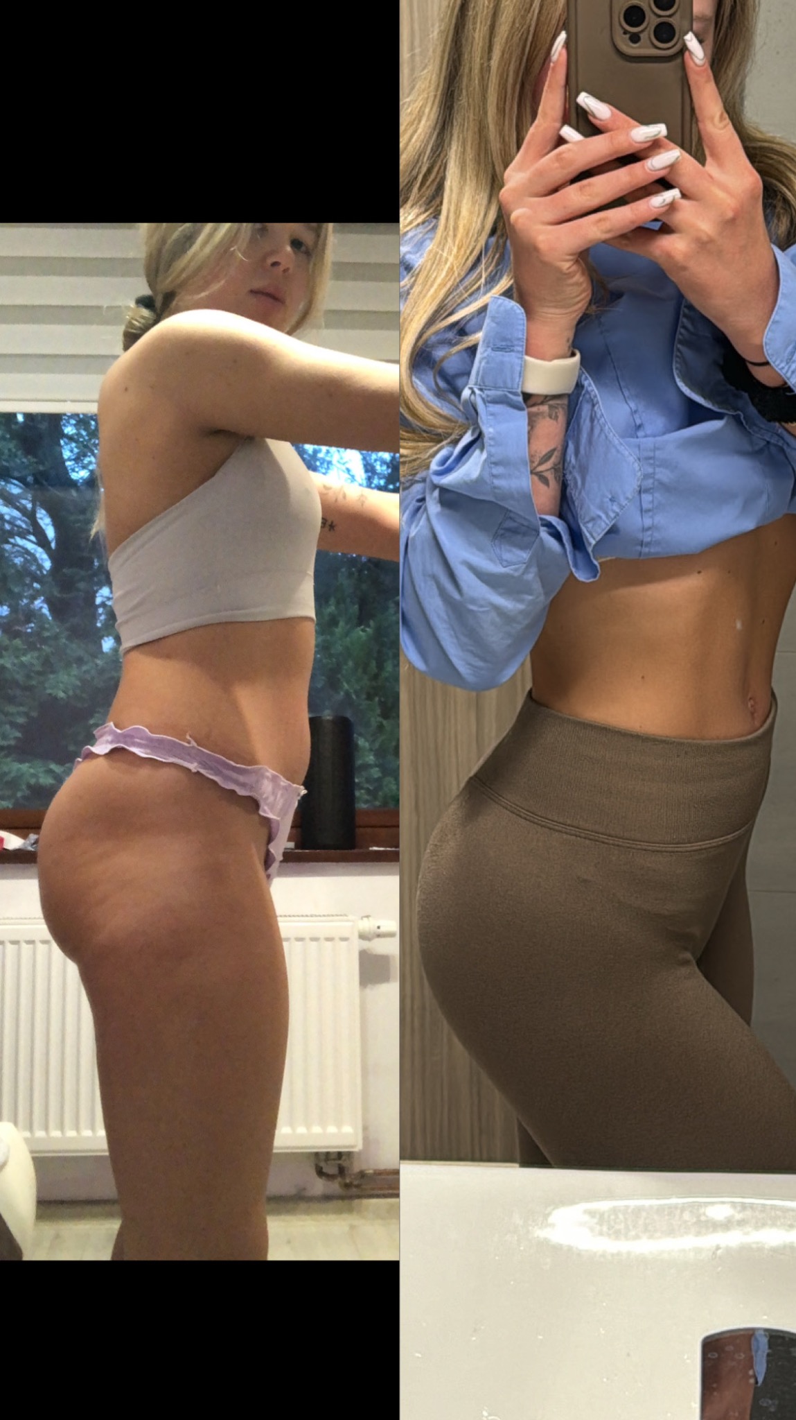 Kobieta prezentuje zmiany w sylwetce: zdjęcie typu 'przed' po lewej stronie ukazuje sylwetkę na tle okna, a zdjęcie typu 'po' po prawej stronie pokazuje ciało w sportowych legginsach i odsłoniętym...