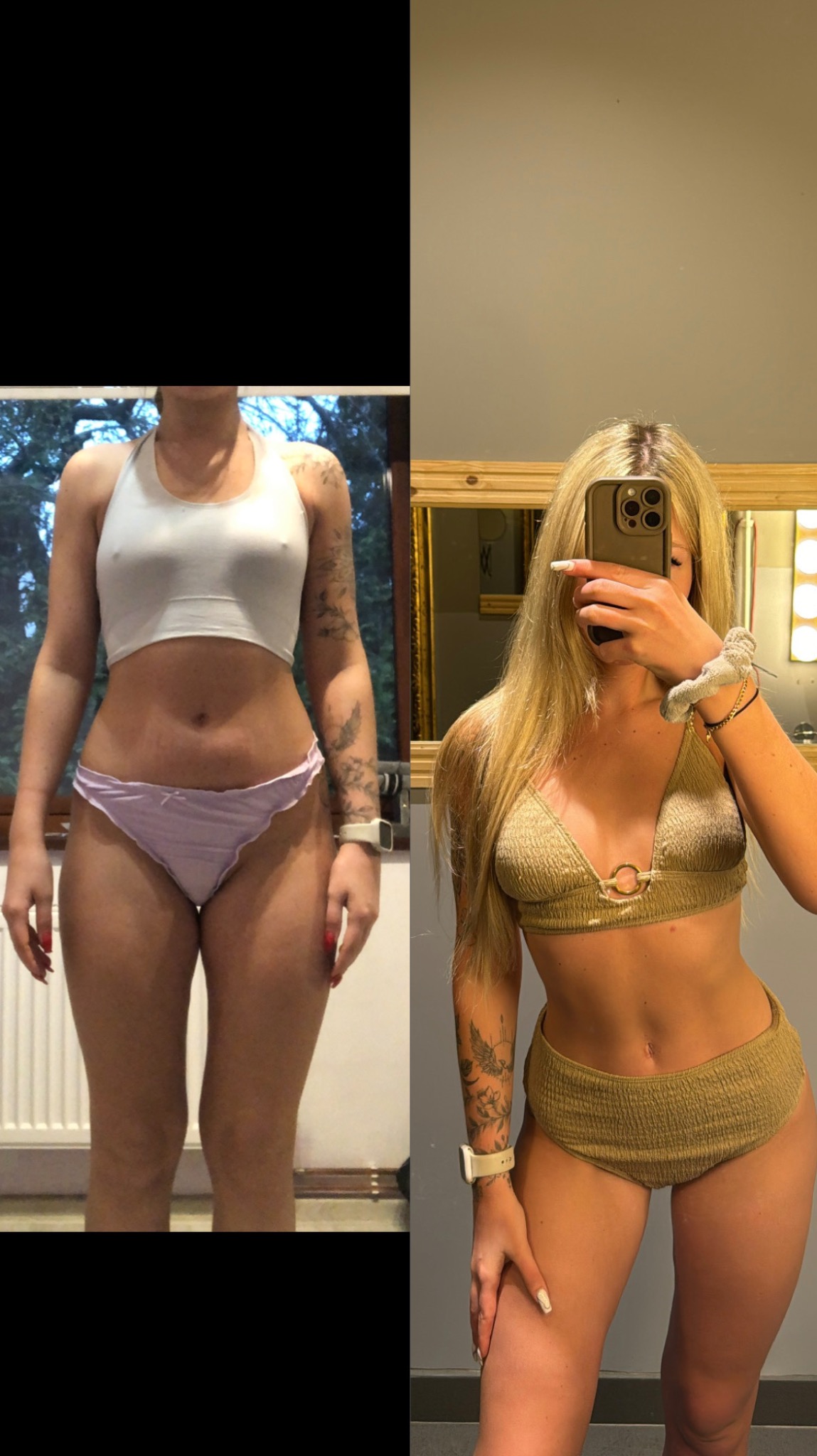 Kolaż prezentujący sylwetkę kobiety przed i po, z widoczną poprawą w definicji mięśni brzucha i ud, z tatuażem na ramieniu widocznym na obu zdjęciach.