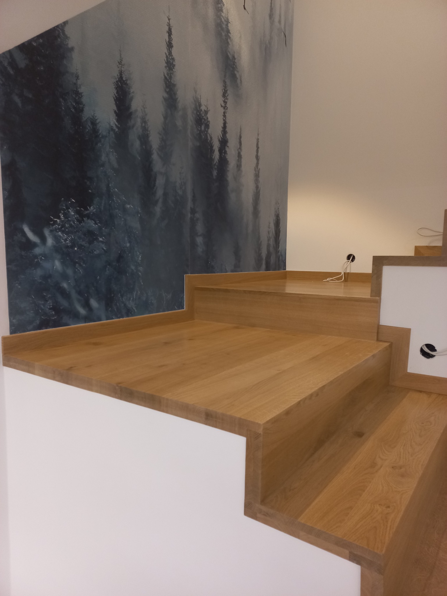 Dębowe schody z tapetą leśną w tle, widoczne kable elektryczne w ścianie.