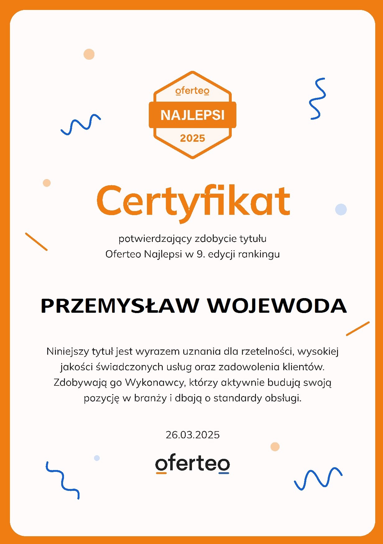 Certyfikat Najlepsi Oferteo 2025
