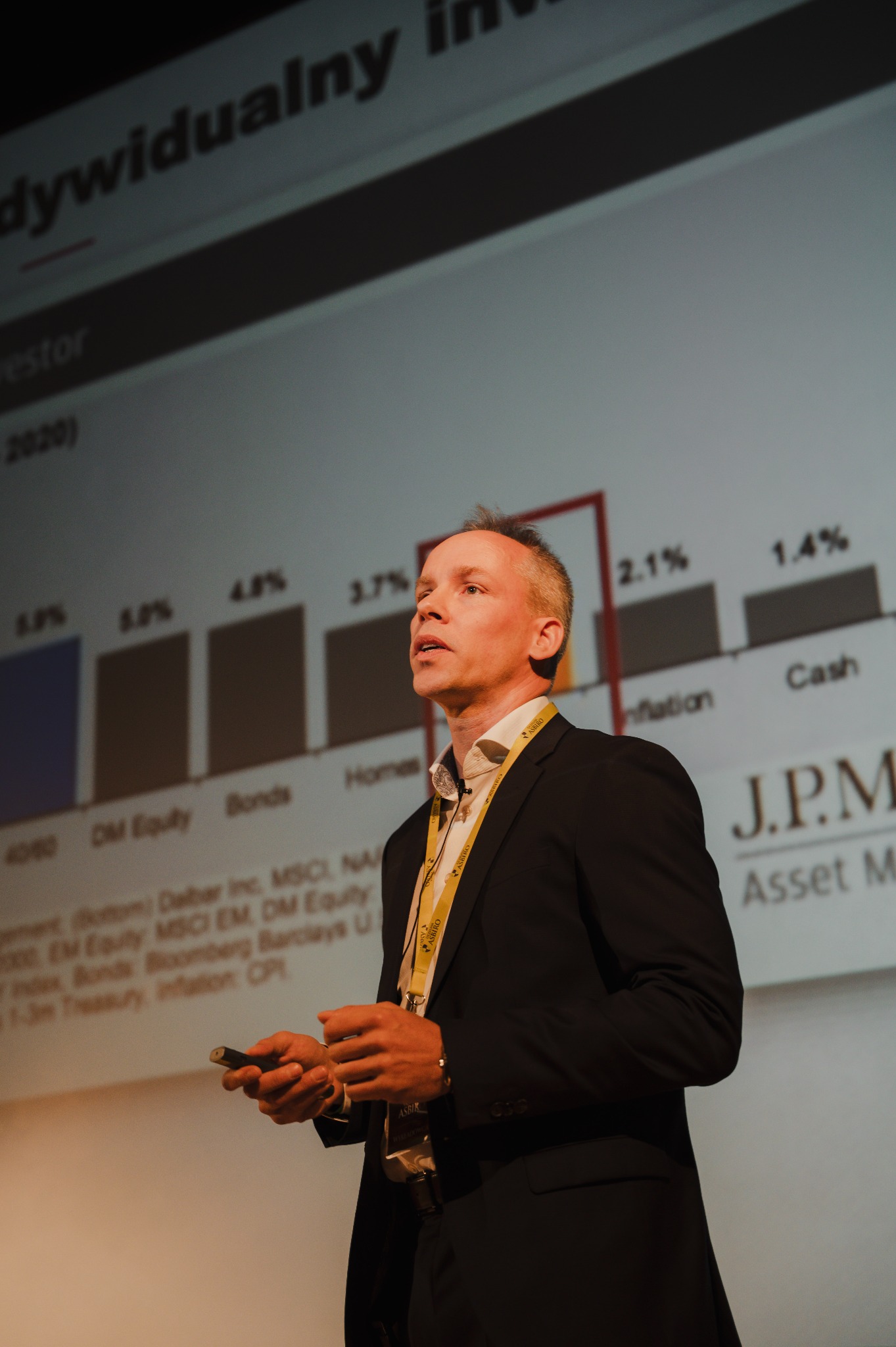 Prelegent w garniturze prezentuje wykresy inwestycyjne na tle ekranu podczas konferencji finansowej. Widoczny wskaźnik inflacji i logo J.P. Morgan Asset Management.