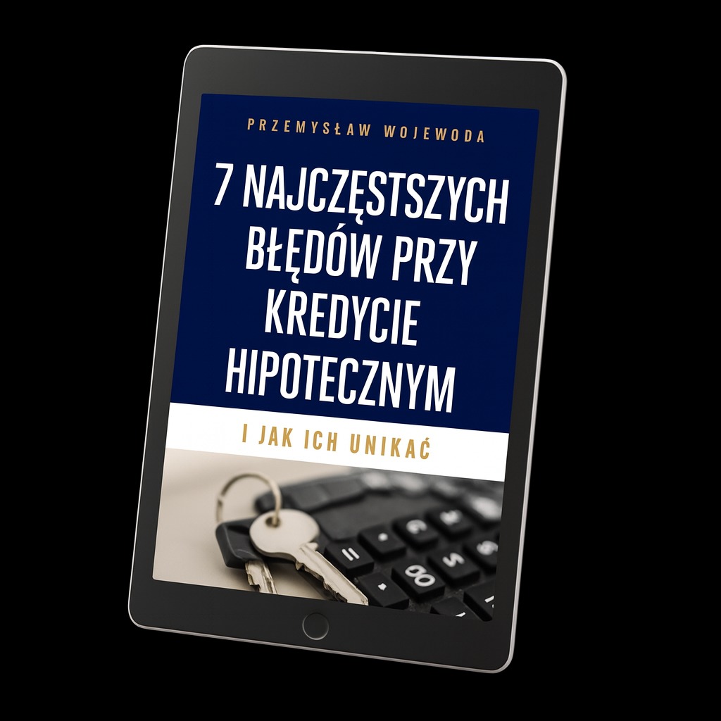 E-book '7 najczęstszych błędów przy kredycie hipotecznym' na tablecie w Warszawie. Klucze i kalkulator symbolizują finanse i zakup nieruchomości.