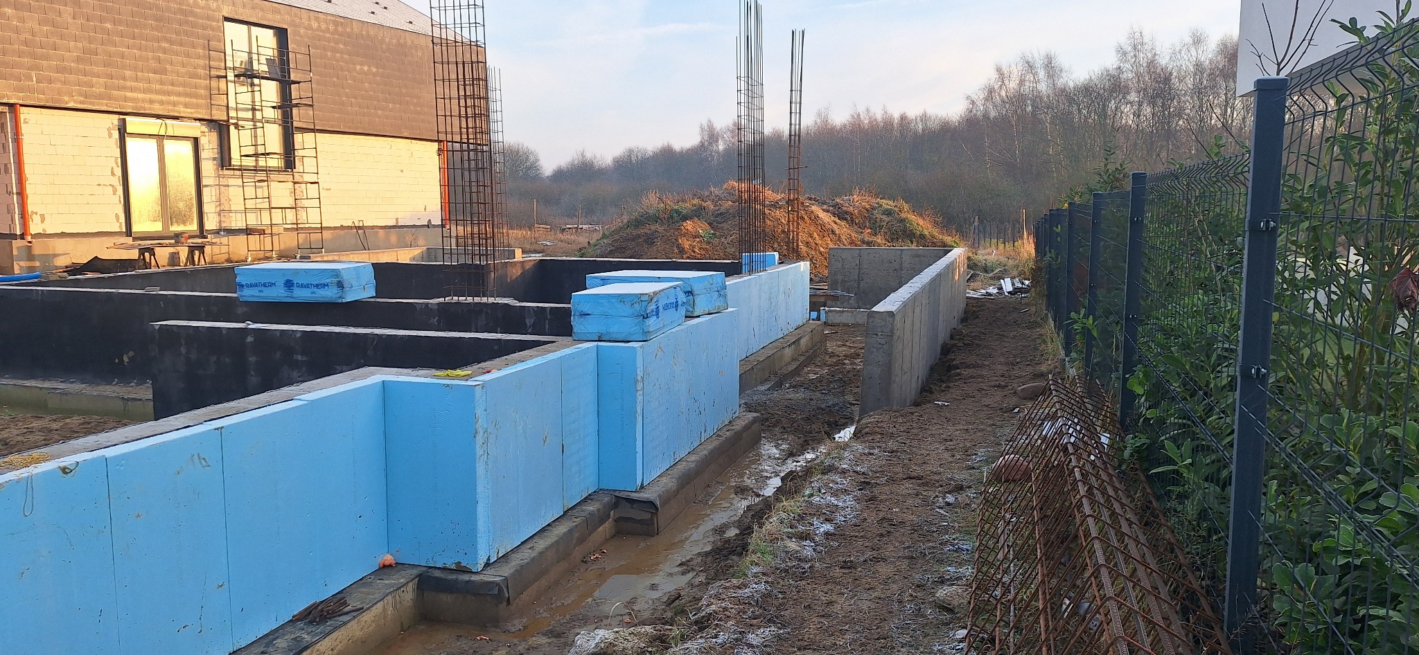 Fundamenty domu w trakcie budowy: izolacja termiczna z niebieskiego styropianu, zbrojenie pionowe, częściowo wylane ściany fundamentowe. W tle ziemia i drzewa.