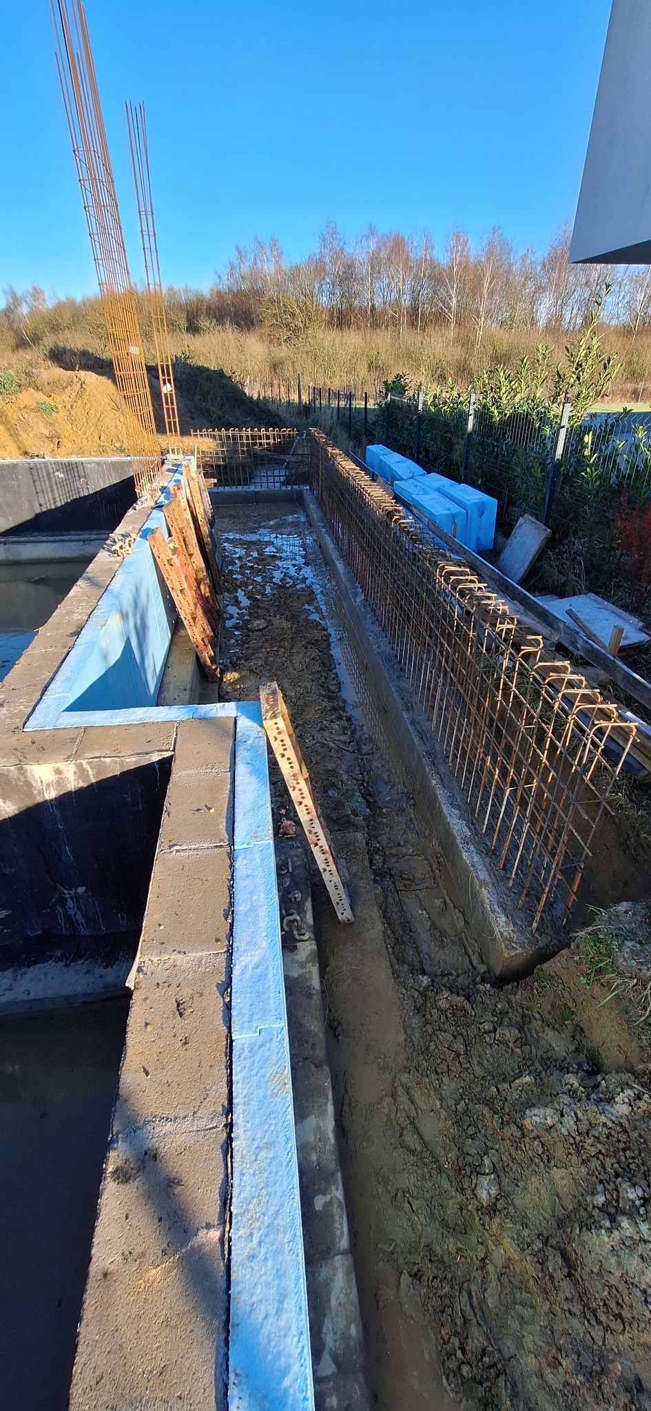 Zbrojenie fundamentów z izolacją pionową, widok z góry na wykop z błotem, w tle drzewa i błękitne niebo. Prace budowlane w toku, etap przygotowania do zalewania betonem.