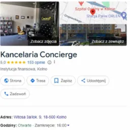 Wizytówka Google firmy Kancelaria Concierge z widokiem wnętrza biura, mapą okolicy i informacjami kontaktowymi.