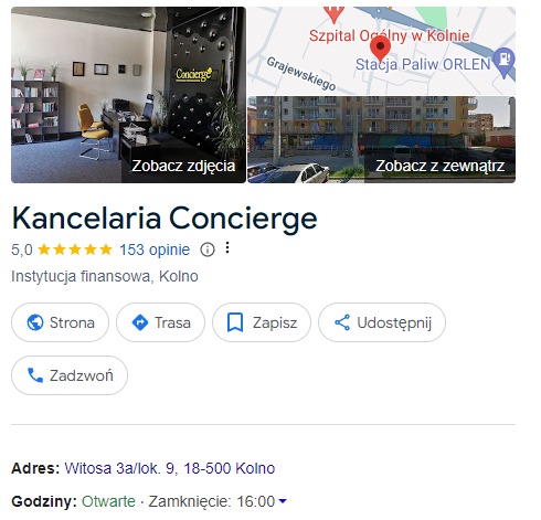 Wizytówka Google firmy Kancelaria Concierge z widokiem wnętrza biura, mapą okolicy i informacjami kontaktowymi.