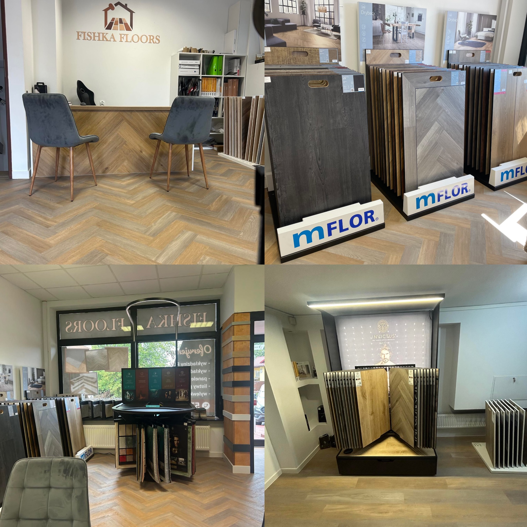 Salon z ekspozycją paneli podłogowych ułożonych we wzór jodełki, prezentacja różnych wzorów i kolorów paneli na stojakach, logo firmy Fishka Floors na ścianie.