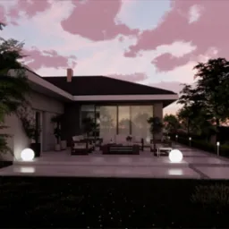 Nowoczesny taras z meblami wypoczynkowymi i kulistymi lampami oświetlającymi ogród, widok na dom z dużymi oknami przesuwnymi o zmierzchu.