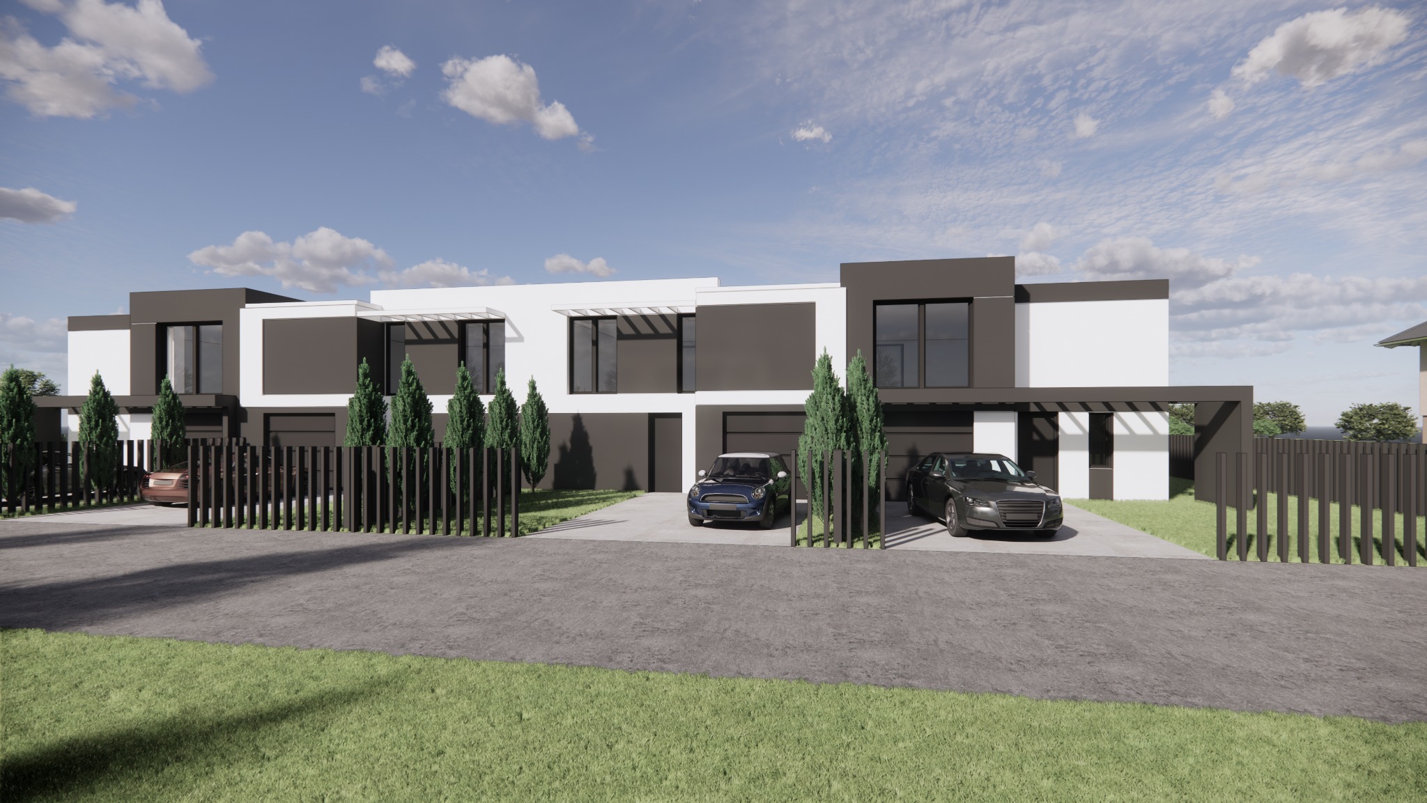 Wizualizacja szeregowca z płaskim dachem, elewacją w odcieniach bieli i szarości, z zaparkowanymi samochodami i ozdobnymi iglakami.