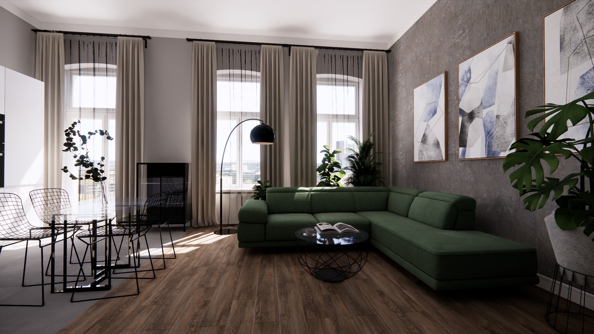 Jasne wnętrze mieszkania z zieloną narożną sofą, okrągłym stolikiem kawowym z książkami, stołem z metalowymi krzesłami, dużymi oknami z beżowymi zasłonami i abstrakcyjnymi obrazami na szarej ścianie.