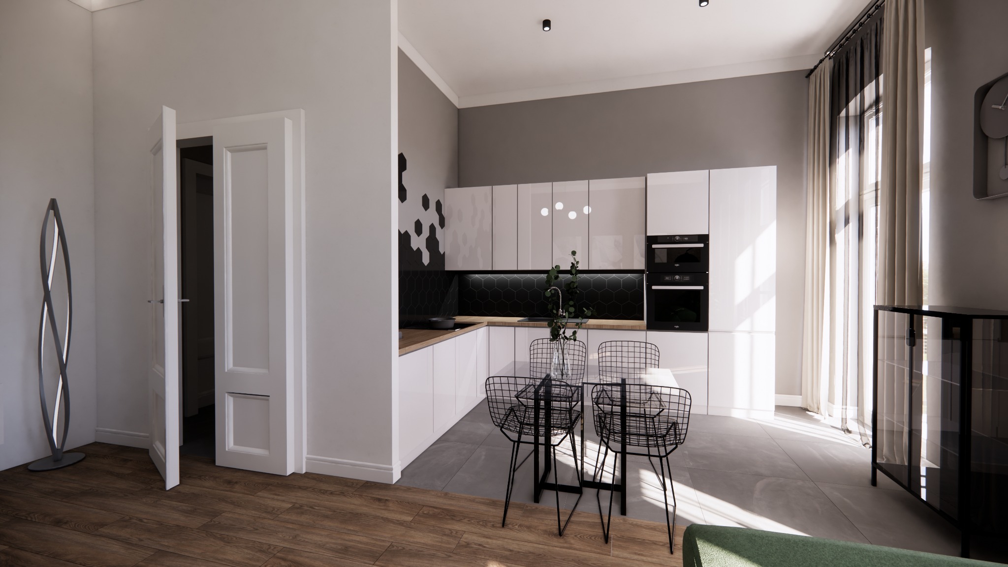Nowoczesna aranżacja kuchni z jadalnią w Częstochowie: białe szafki, heksagonalne płytki na ścianie, minimalistyczne krzesła druciane i drewniana podłoga w tle otwartych drzwi.