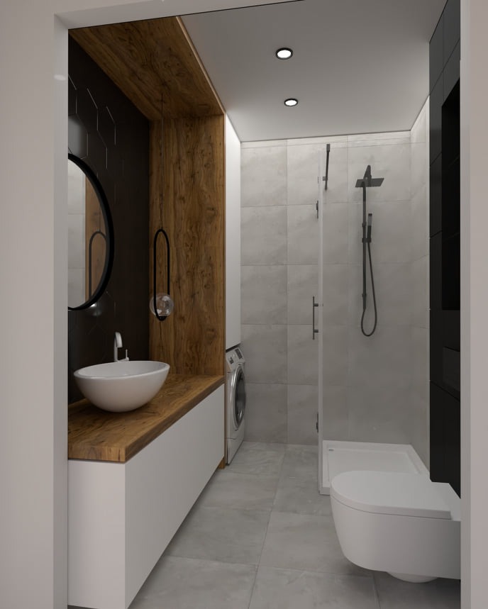 Wizualizacja nowoczesnej łazienki z umywalką nablatową na drewnianym blacie, okrągłym lustrem w czarnej ramie, kabiną prysznicową typu walk-in i pralką.