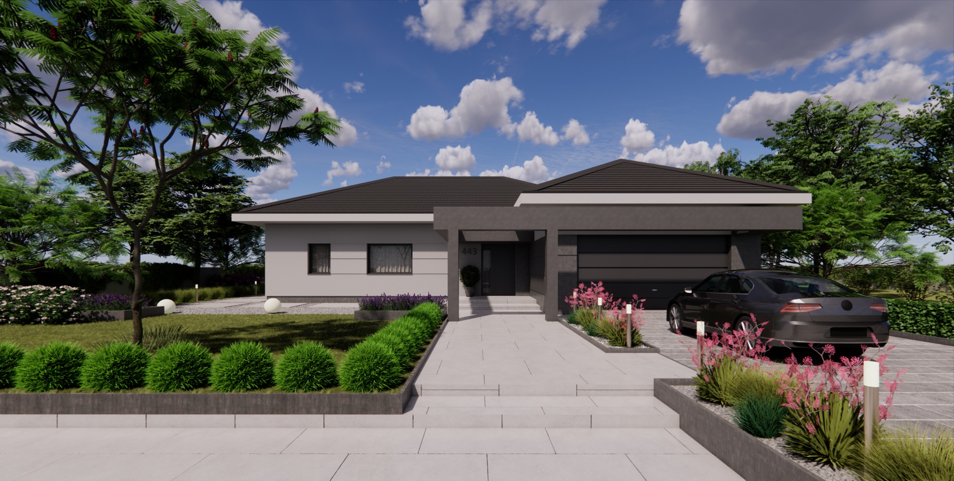 Wizualizacja parterowego domu jednorodzinnego z płaskim dachem, szarą elewacją i garażem, otoczonego zadbanym ogrodem z kulistymi krzewami i podświetlanymi rabatami kwiatowymi, z samochodem...