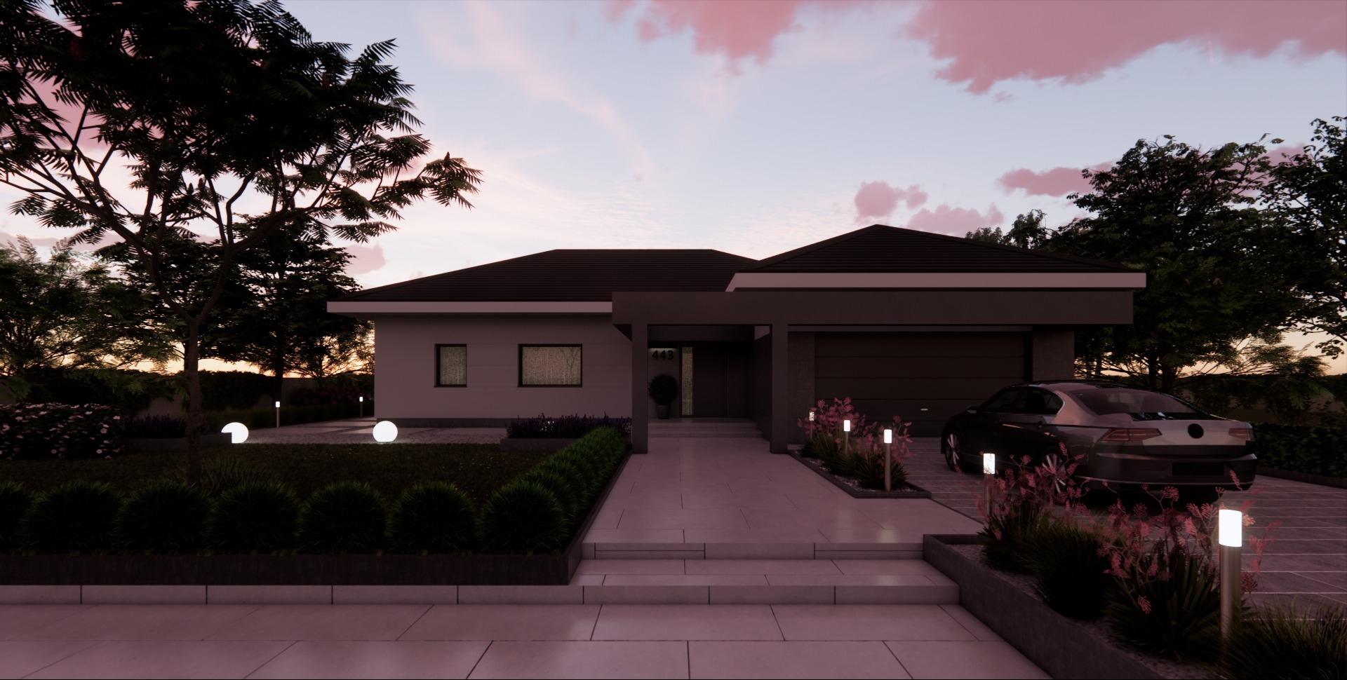 Wizualizacja domu jednorodzinnego z płaskim dachem o zachodzie słońca, z podjazdem wyłożonym płytami i nowoczesnym oświetleniem ogrodowym, z samochodem zaparkowanym przed garażem.