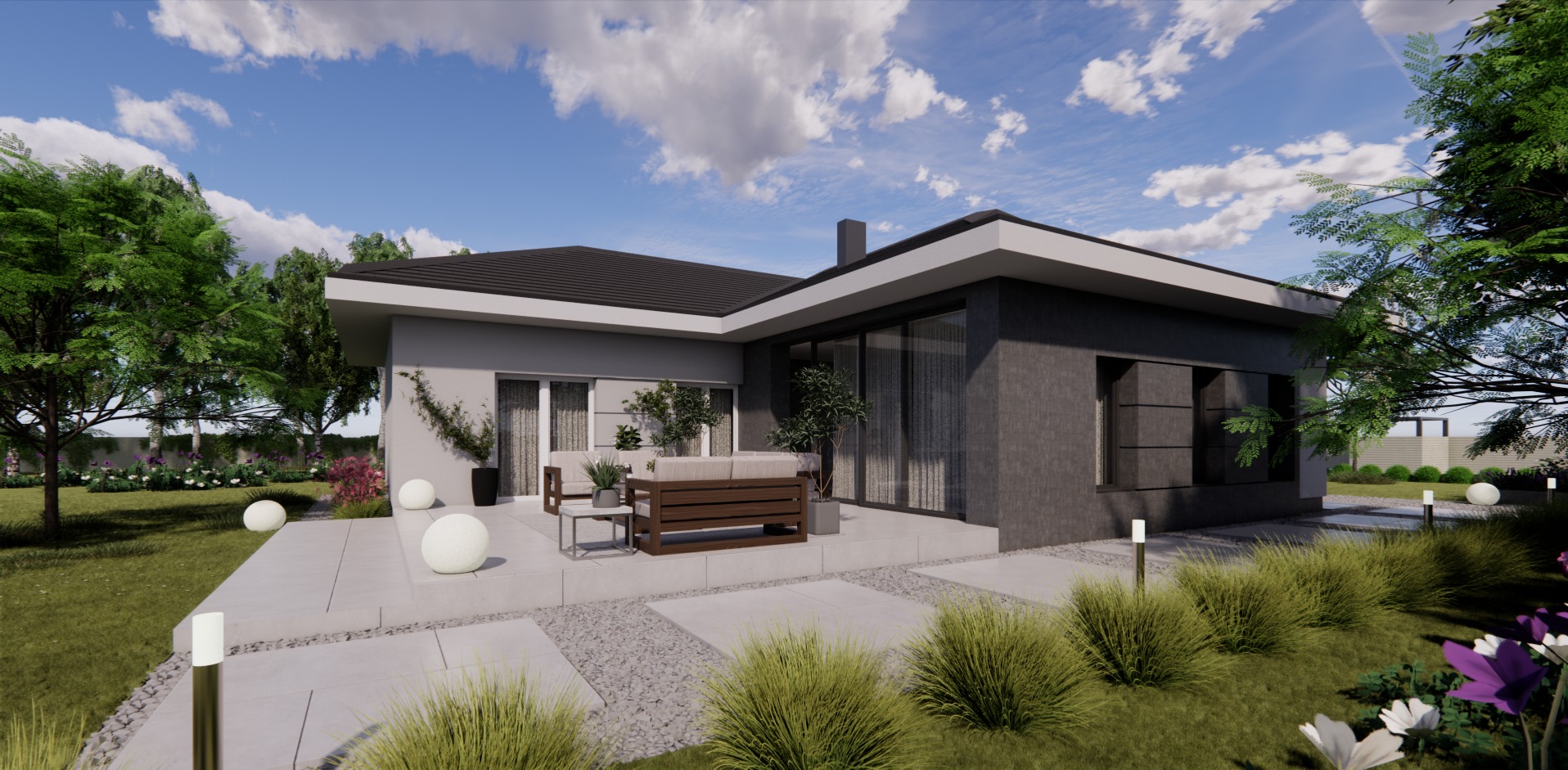 Wizualizacja parterowego domu z płaskim dachem, tarasem z meblami ogrodowymi i oświetleniem zewnętrznym w postaci kulistych lamp.