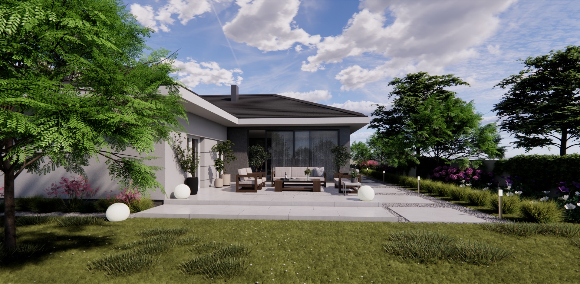 Wizualizacja nowoczesnego domu jednorodzinnego z tarasem, meblami ogrodowymi i oświetleniem zewnętrznym, otoczonego zielenią.