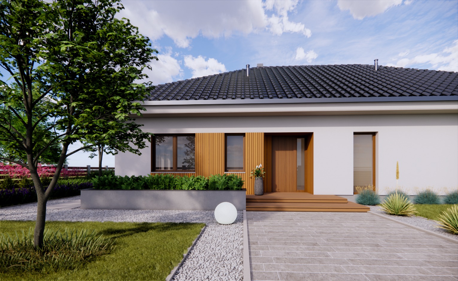 Wizualizacja nowoczesnego domu jednorodzinnego z grafitową dachówką, drewnianymi akcentami elewacji, podjazdem z szarej kostki i oświetloną kulą na żwirowym obrzeżu trawnika.